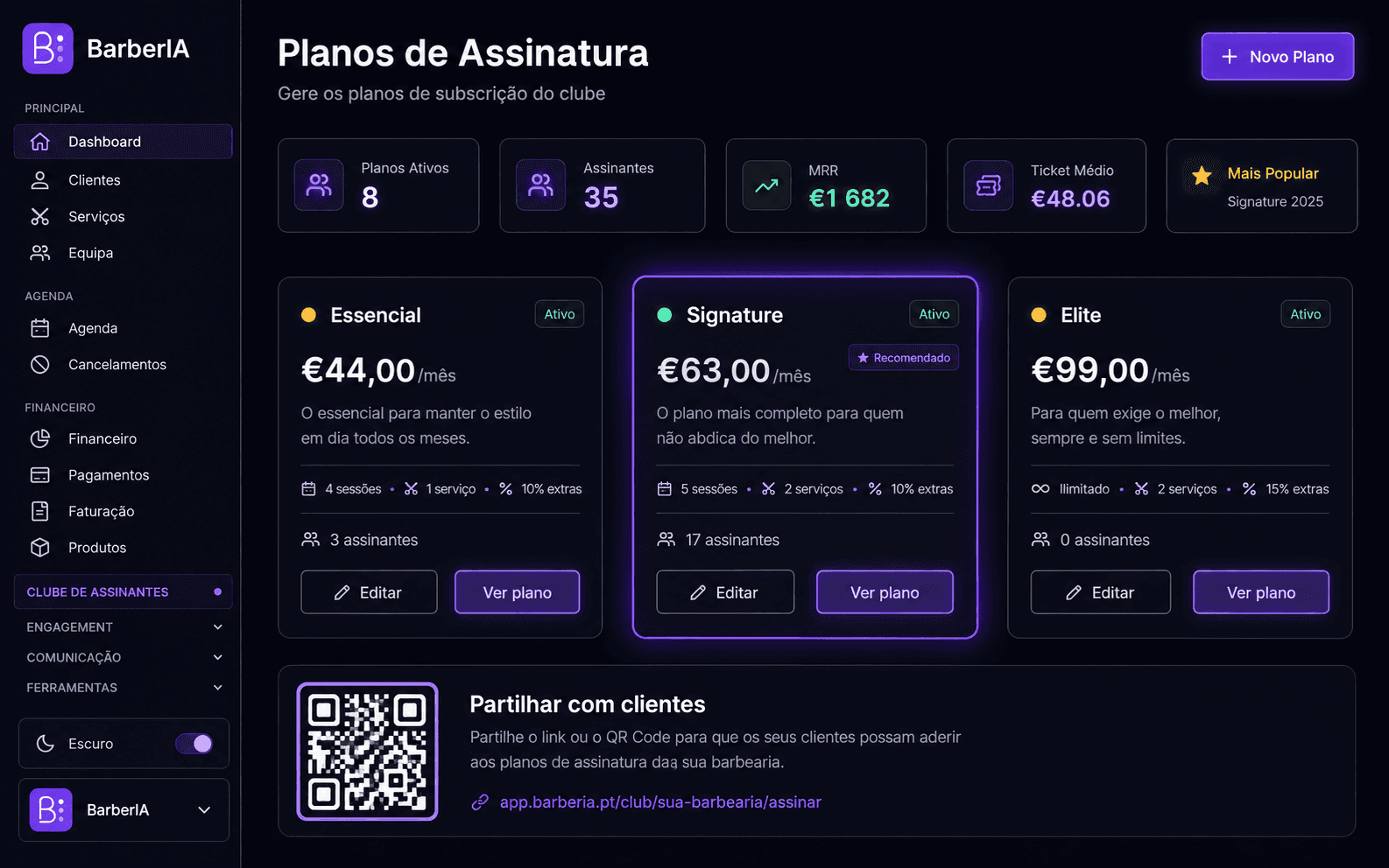 Página de planos do Clube no BarberIA: planos Essencial, Signature e Elite, com receita mensal recorrente, total de assinantes e ticket médio, e um QR Code para partilhar a adesão com clientes.